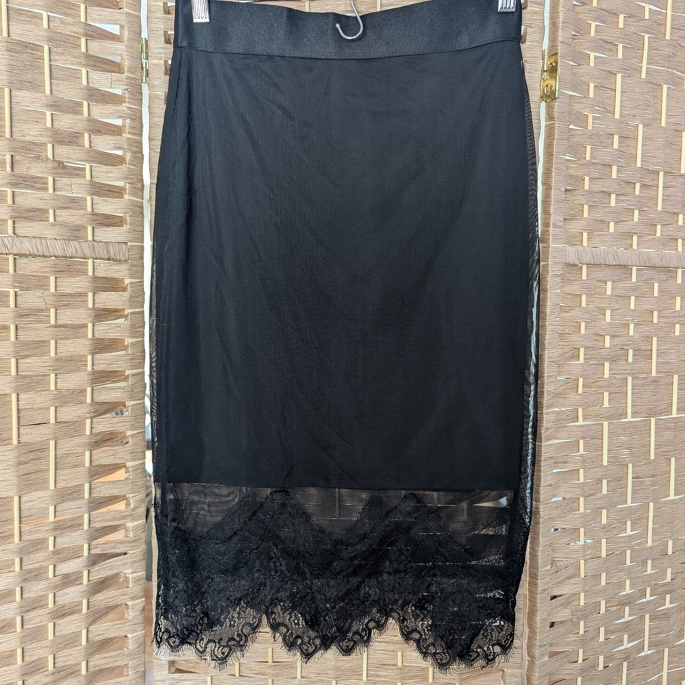 VTG Y2K Bebe Black Eyelash Lace Hem Mesh Pencil Skirt Midi‎ Whimsigoth Sz M